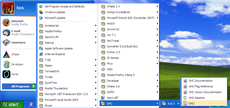 Screenshot of the Windows XP start menu, showing the GHC submenu.