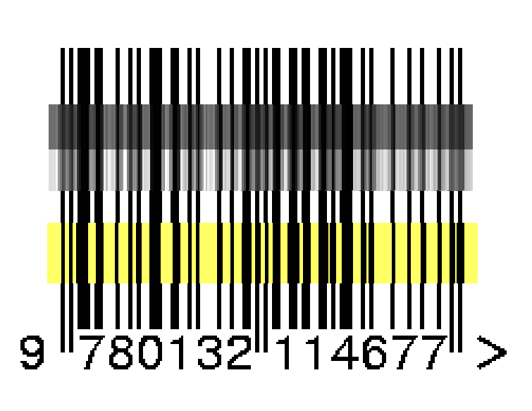 Photographic and generated images of barcode juxtaposed to illustrate the variation in bar brightness and resolution.