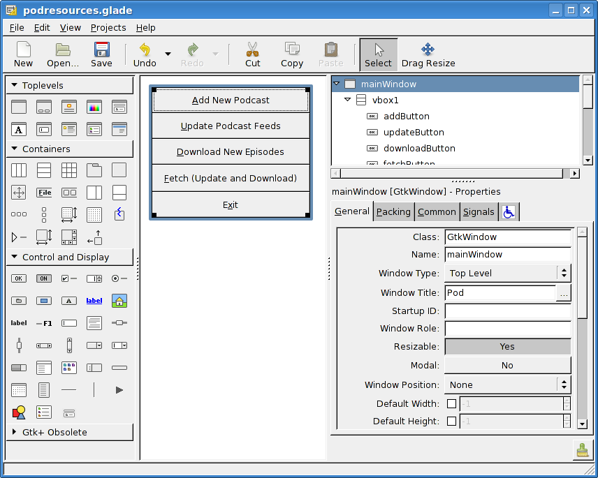 Screenshot of Glade, showing components of the graphical user interface.