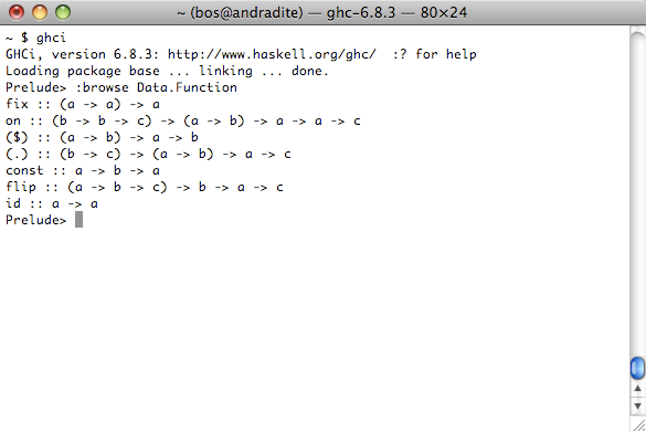 Screenshot of the ghci interpreter running in a Terminal window on Mac OS X.
