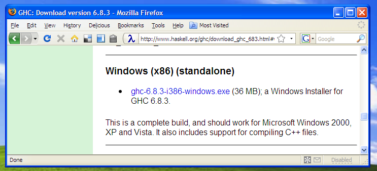 Screenshot of Firefox, displaying the GHC download page.