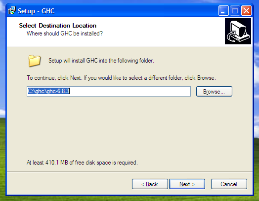 Screenshot of the GHC installation wizard on Windows.